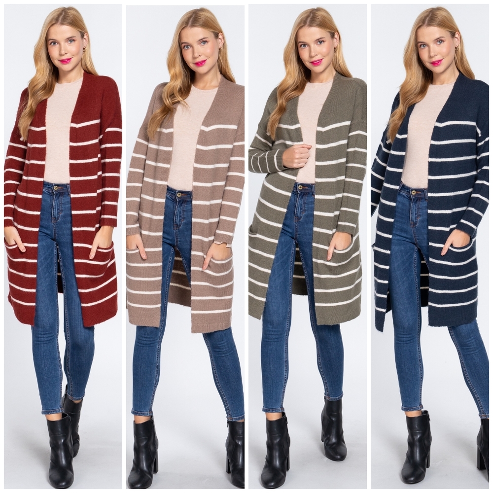 FEW LEFT❗️Cozy Chic Burgundy Striped Long Open Cardigan - Picture 6 of 8